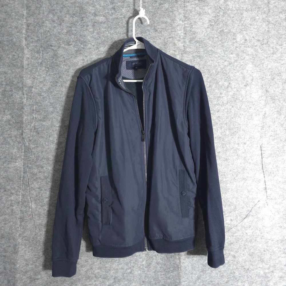 Ted Baker London Bomber Jacket Mens Sz 2 Navy Blue Ribbed Collar Cuffs Casual FX
